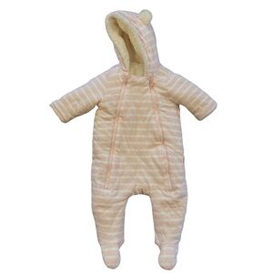 Baby Gap Pink Striped Baby Bunting 3-6M Fuzzy Lined One Piece Bear Hood Snow